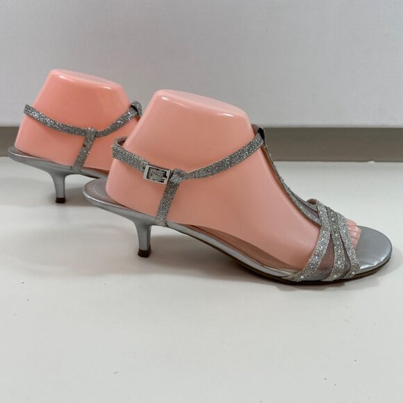 Fioni Night Women's Silver Glitter Rhinestones Sandals Kitten Heel Size 9.5 - Picture 3 of 13